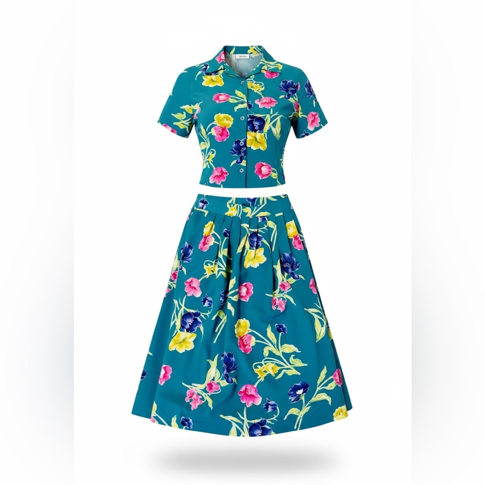 Vtg 90’s Alfred Dunner 2 Piece Set Tropical Teal Blouse 10 & Pleated Skirt 14